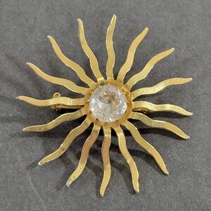 Vintage Sarah Coventry Celestial Sun Starburst Brooch Gold Tone Clear Stone 2"